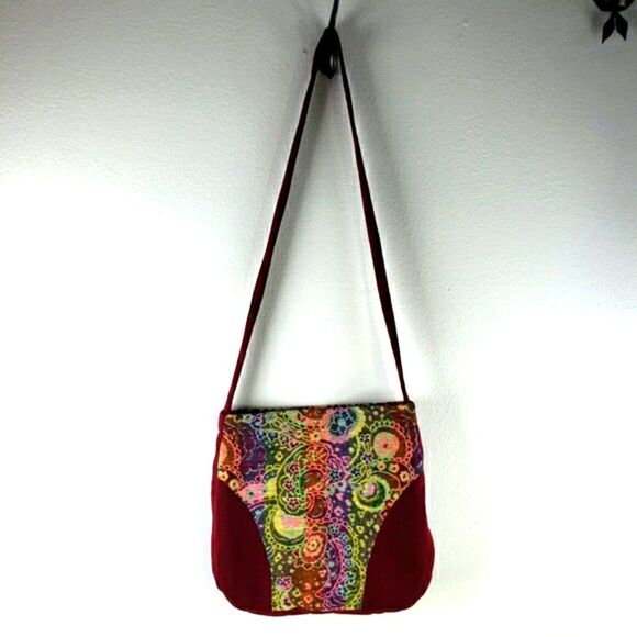Women's Vintage Rainbow Paisley Red Material Zip Closure Crossbody - Picture 3 of 10